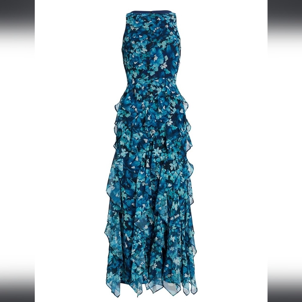 COPY - Badgley Mischka Floral Ruffle Embellished Dress- Blue- Size 8